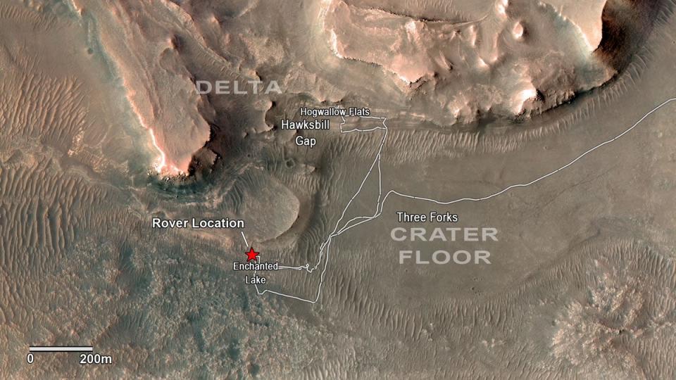 This photographic map shows the path Nasa’s Perseverance Mars rover has charted across Jezero Crater on the Red Planet, and the Three Forks, a location designated to hold samples of soil the rover collected until they can be returned to Earth (Nasa/ESA)
