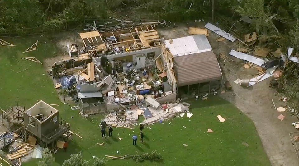 Homes are damaged after severe weather passed the area on Wednesday, July 19, 2023 in Rocky Mount, N.C. (WTVD via AP)