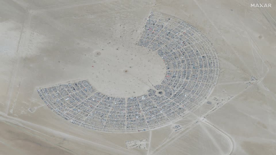 A satellite view shows an overview of the 2023 Burning Man festival, in Black Rock Desert, Nevada on August 28, 2023. - Maxar Technologies/Reuters