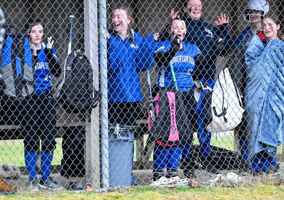 The Upper Cape Tech team reacts to a three run hit by Taysia Lopes against Nauset.