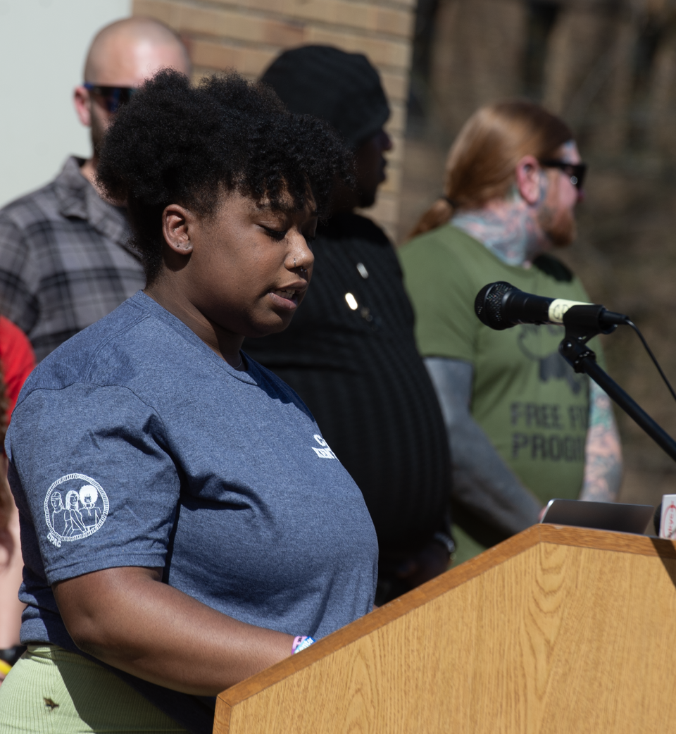 Dimaya Mayfield speaks at the press conference Tuesday to oppose Kyle Rittenhouse's speech at Kent State University. "The education and wellbeing of Black individuals is not being valued," she says.
