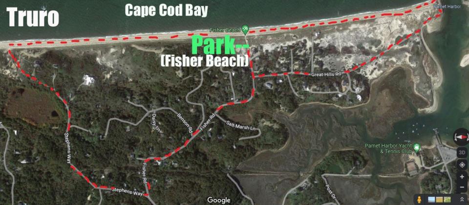 A map of the route I took, with parking at Fisher Beach in Truro.