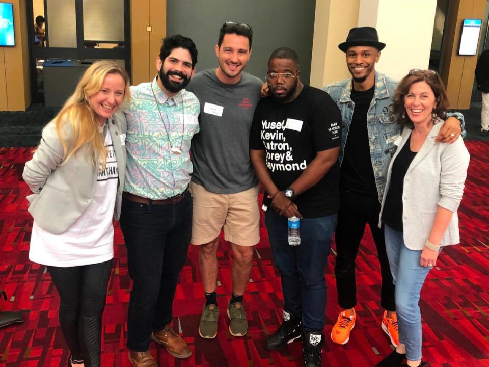 David “Dae-Lee” Arrington (in the hat) poses with Fair Play Music Equity Initiative team members (left to right) Sara Colée, Claudio Ortiz, Hank Patterson, Tim Scott, and Michelle Hamilton. Arrington helped found the nonprofit, which helps expose Charlotte event planners and venue owners to a wider variety of music genres in hopes of making the city’s music scene more inclusive.