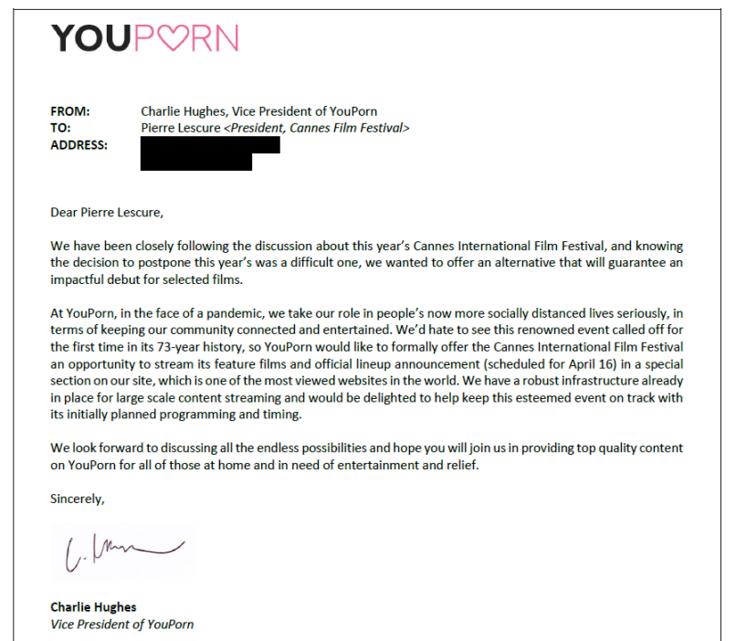YouPorn letter to Cannes Film Festival