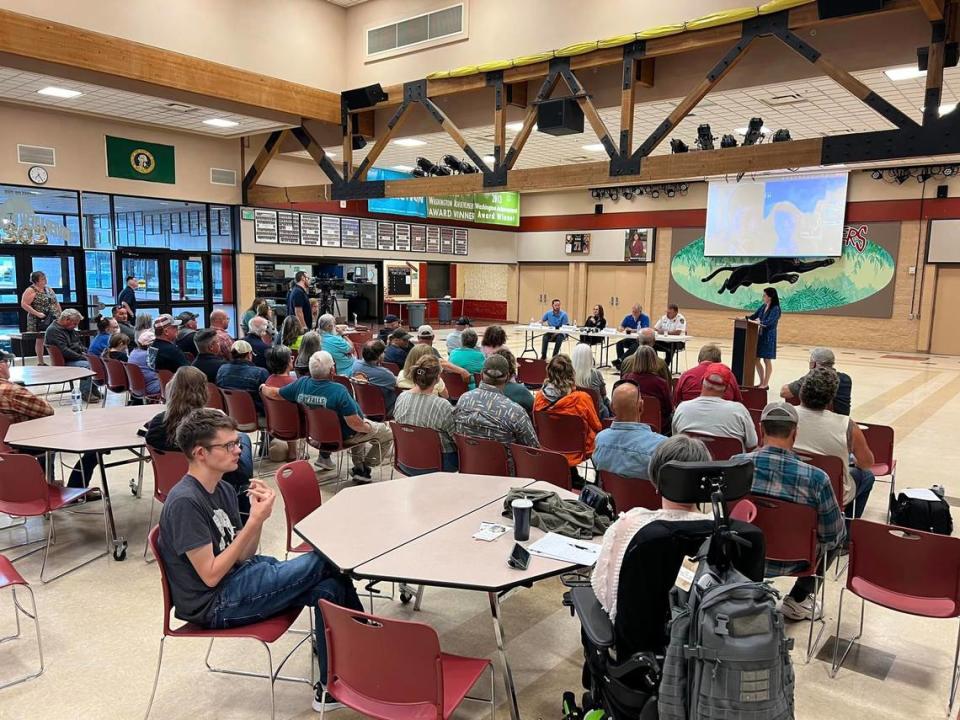 Tri-Cities area government officials provide information on the Lineage warehouse fire at a Finley town meeting May 29. Lineage declined to participate, they said.