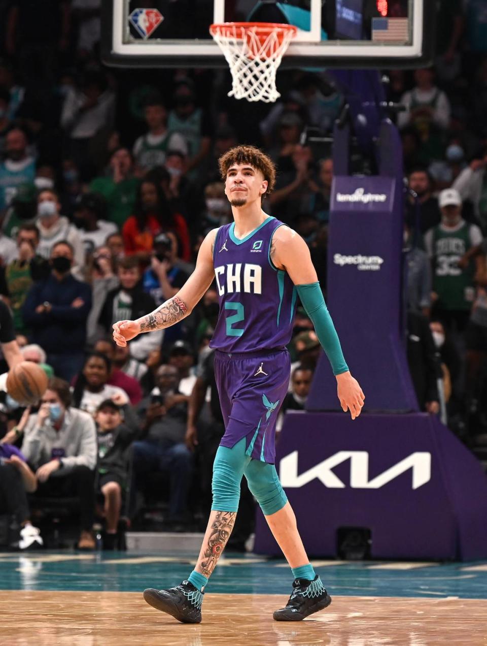 Charlotte Hornets guard LaMelo Ball walks back to the team’s bench following a play against the Boston Celtics during fourth quarter action at Spectrum Center in Charlotte, NC on Monday. He had 25 points and nine assists in the game.