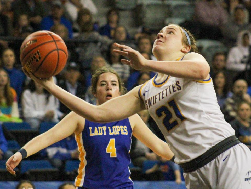 Nazareth's Brooklyn Birkenfeld attempts a shot against Whiteface during a Region I-1A semifinal girls basketball game in the Texas Dome at Levelland on Friday, Feb. 24, 2023.