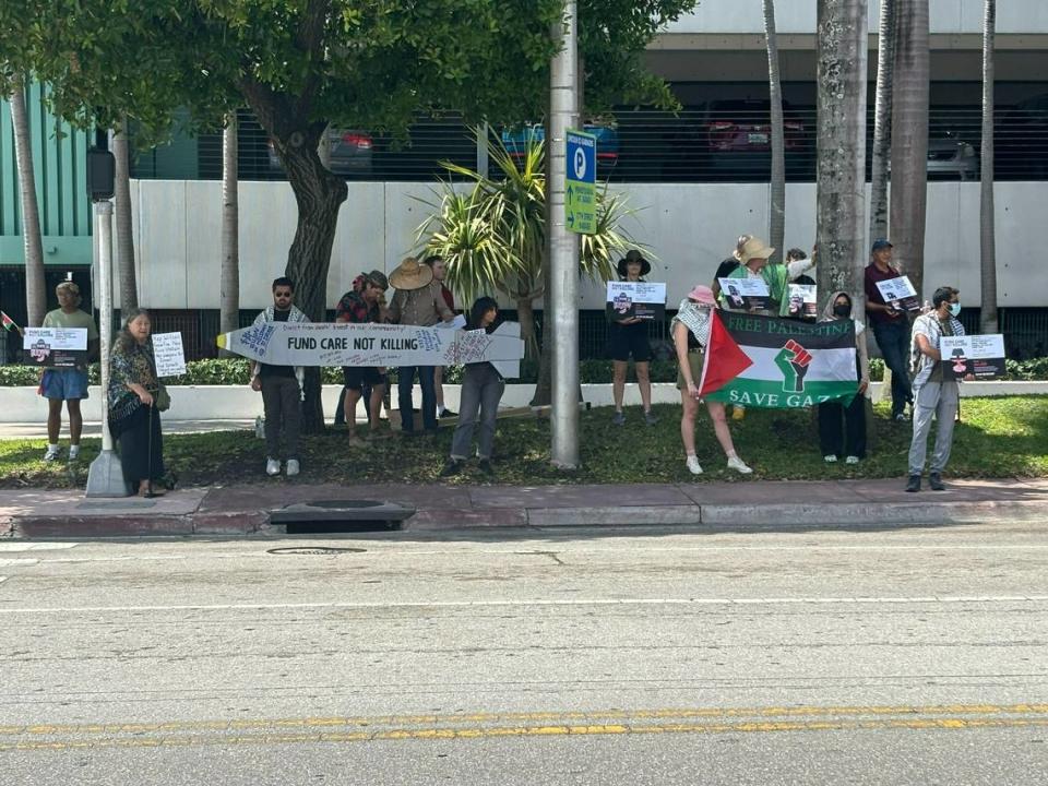 Pro-Palestinian protesters demonstrate across the street from Miami Beach City Hall on Tuesday, May 7, 2024. The protesters called for U.S. Rep. Frederica Wilson to withdraw her support for Israel’s war in Gaza.