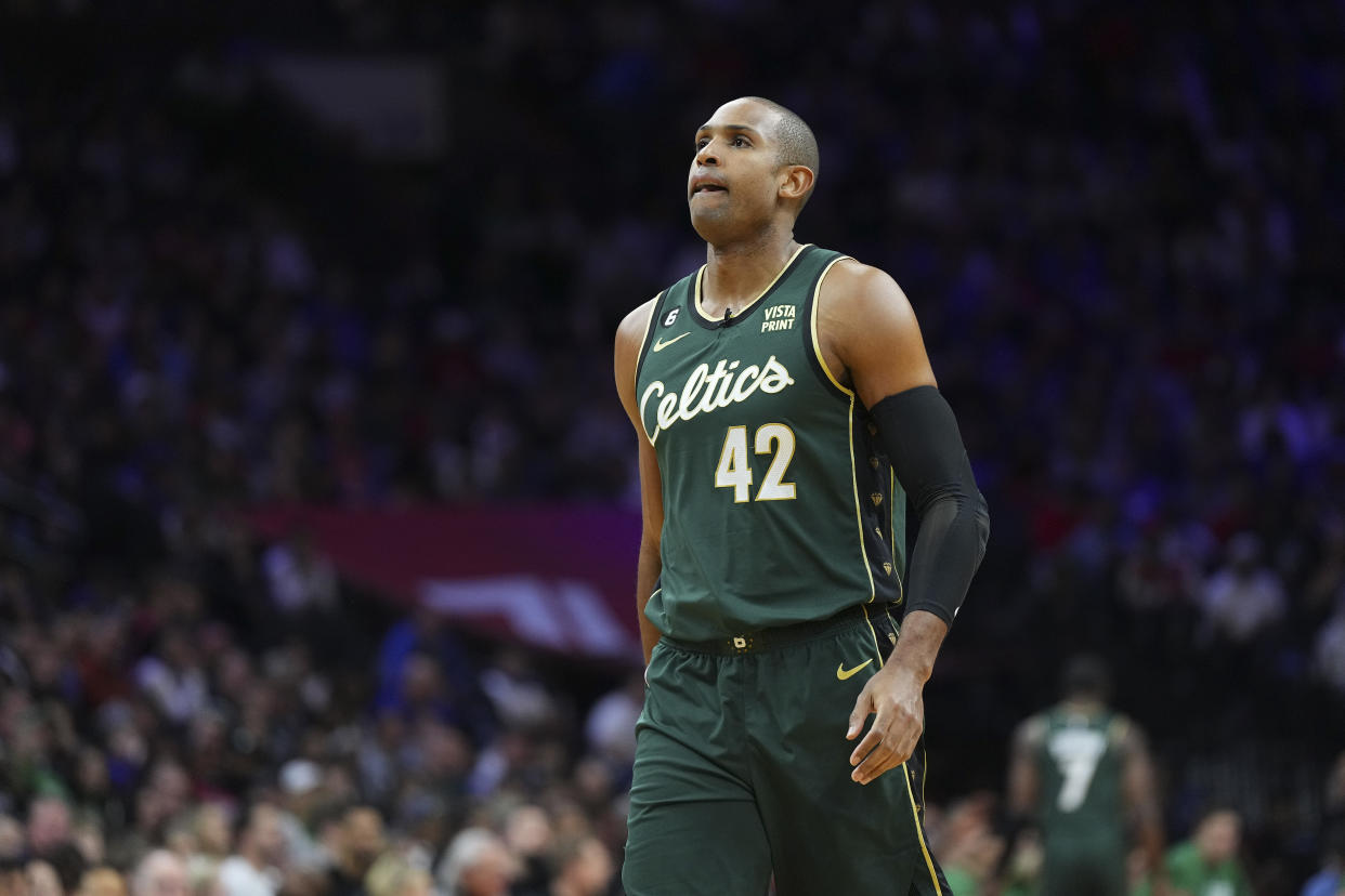 PHILADELPHIA, PA - FEBRUARY 25: Al Horford #42 of the Boston Celtics looks on against the Philadelphia 76ers at the Wells Fargo Center on February 25, 2023 in Philadelphia, Pennsylvania. The Celtics defeated the 76ers 110-107. NOTE TO USER: User expressly acknowledges and agrees that, by downloading and or using this photograph, User is consenting to the terms and conditions of the Getty Images License Agreement. (Photo by Mitchell Leff/Getty Images)