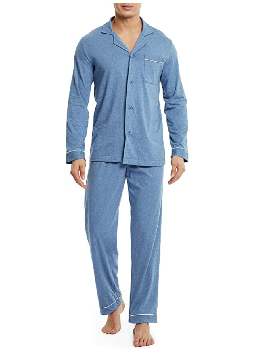 Men's 100% Cotton Long Button-Down Sleepwear Pajama Set. Image via Amazon.