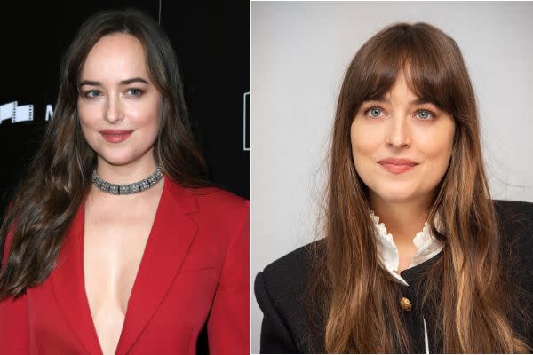 Actor Dakota Johnson's entire look changes with bangs. (Photo: Getty Images)
