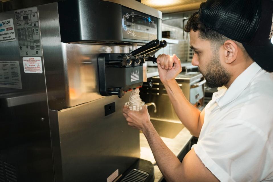 The soft serve machine allows for any employee to dish up the dessert at Shukette— no pastry chef required. Stefano Giovannini for N.Y.Post