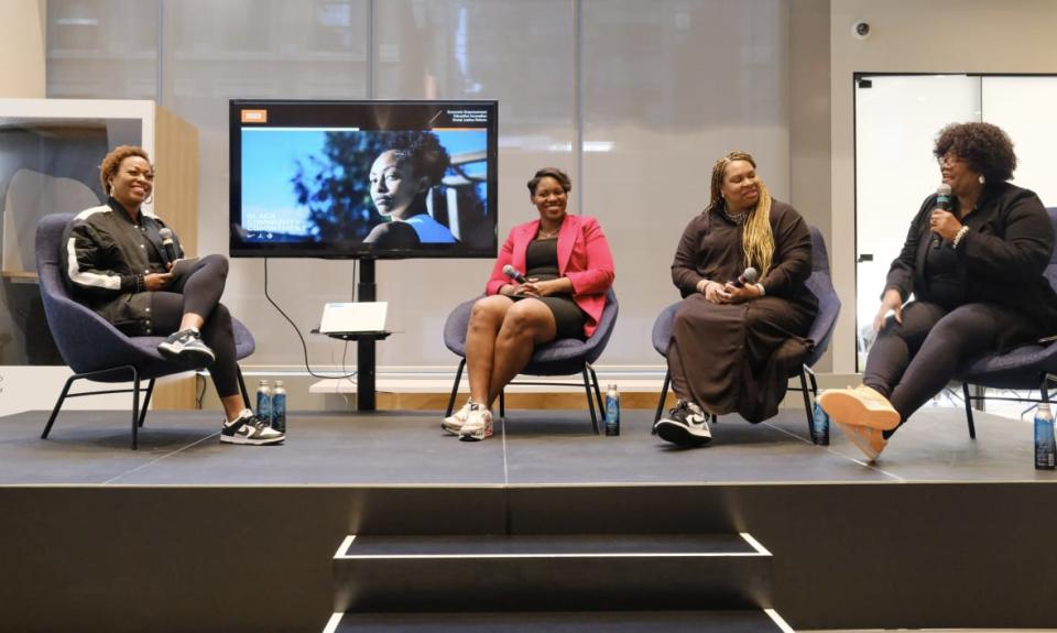 Nike Senior Director of Inclusive Community for Social & Community Impact, Karol Collymore (L) moderating a panel at Nike Inc’.s <br>Black Community Commitment event with BCC partners: Dr. Patrice Johnson, Chief Program Officer, Black Girls Code; Dr. Lena Green, Executive Director, The H.O.P.E. Center and Melanie Campbell, President & CEO, National Coalition on Black Civic Participation on Feb. 8, 2023. <br>(Courtesy of Nike, Inc.)