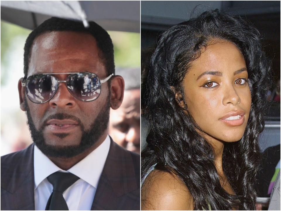 R Kelly arrives in court in 2019, and the late Aaliyah in 2001 (Scott Olson/George De Sota/Getty Images)