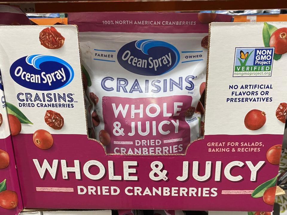 Big bags of Ocean Spray dried cranberries at Costco