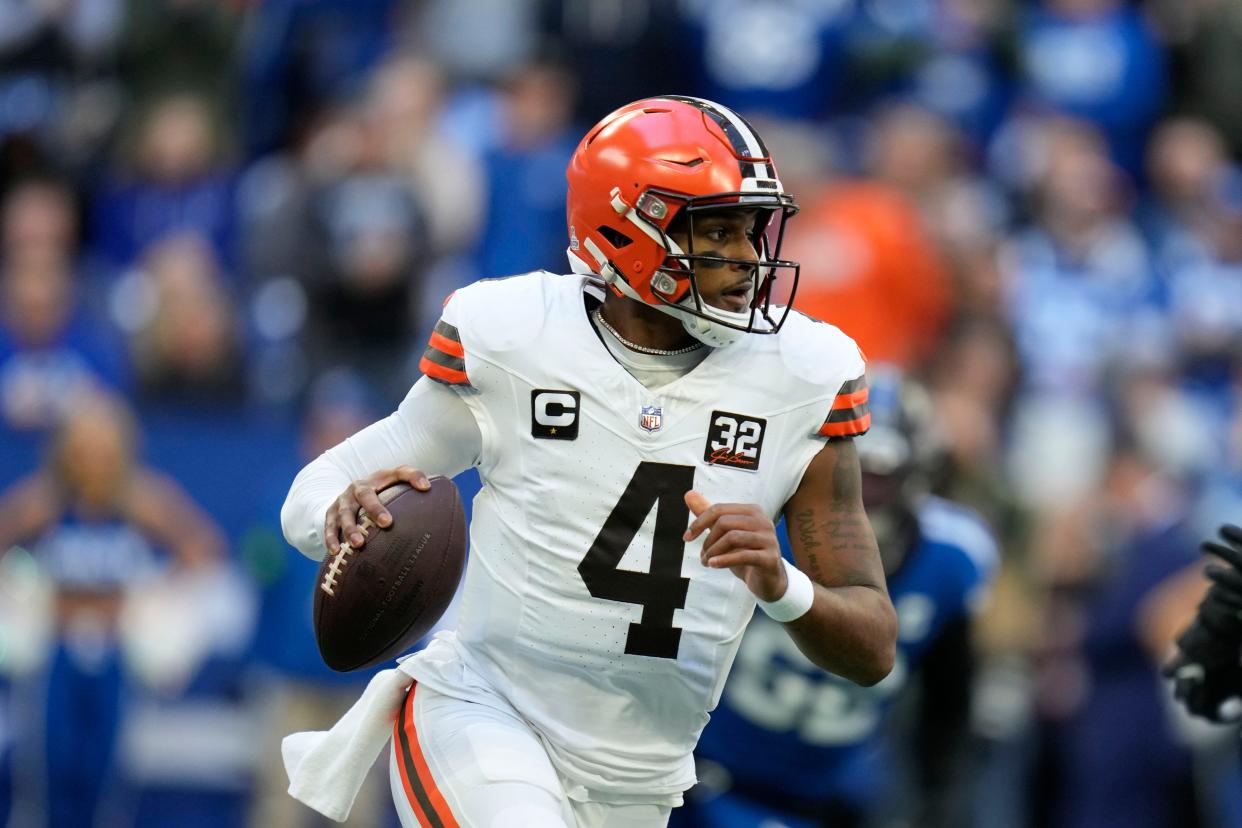 Browns quarterback Deshaun Watson scrambles during the first half, Sunday, Oct. 22, 2023, in Indianapolis.