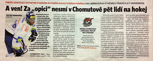 A story in Czech republic newspaper on Wayne Simmonds being subjected to racist chants by fans during a game. (#NickInEurope)