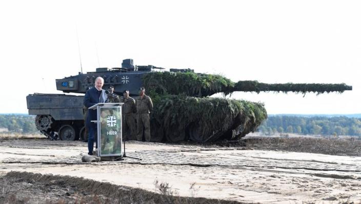 FILE PHOTO: German Chancellor Scholz visits German army training at a military base in Bergen