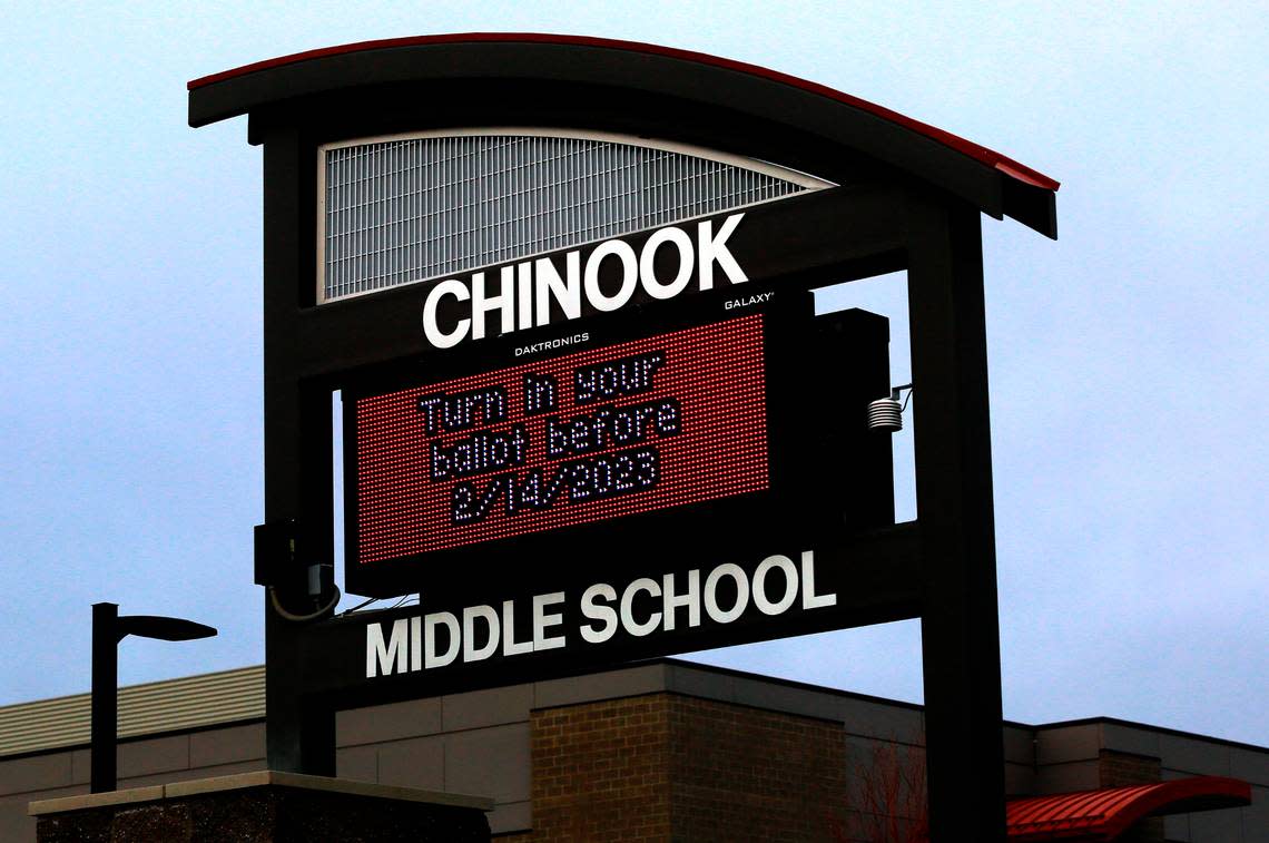 Electronic readerboard at Chinook Middle School in Kennewick reminded residents to turn in their ballots for the levy election in February 2023.