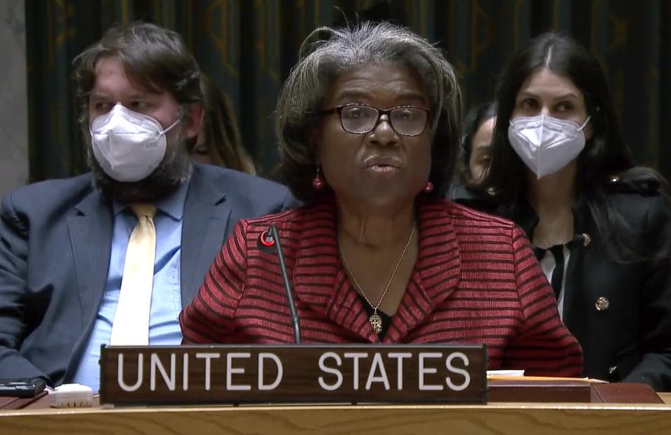 United States Ambassador to the United Nations Linda Thomas-Greenfield speaks during a Security Council meeting, Friday, March 11, 2022, at UN headquarters. The Russian request for the Security Council meeting followed a U.S. rejection of Russian accusations that Ukraine is operating chemical and biological labs with U.S. support. (UNTV via AP)