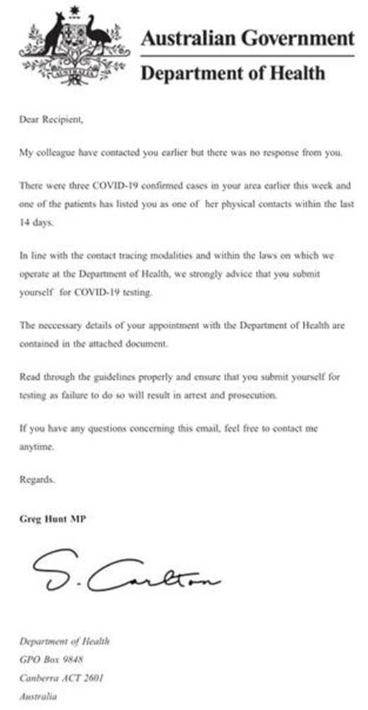 A fake letter claiming to be from Health Minister Greg Hunt is being used as part of a coronavirus scam.