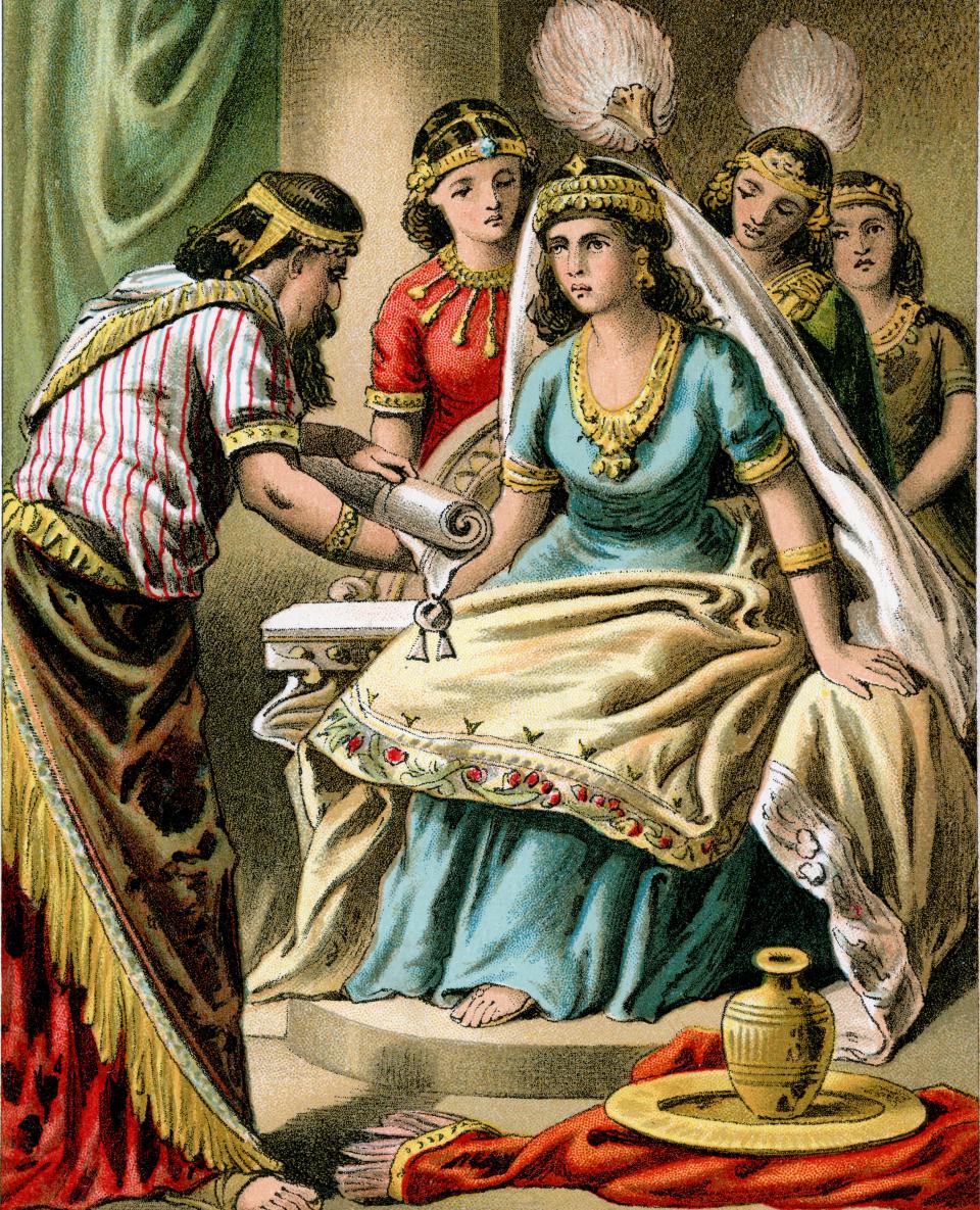 An artistic depiction of Queen Esther in a color lithograph from 1882. (Photo: duncan1890 via Getty Images)