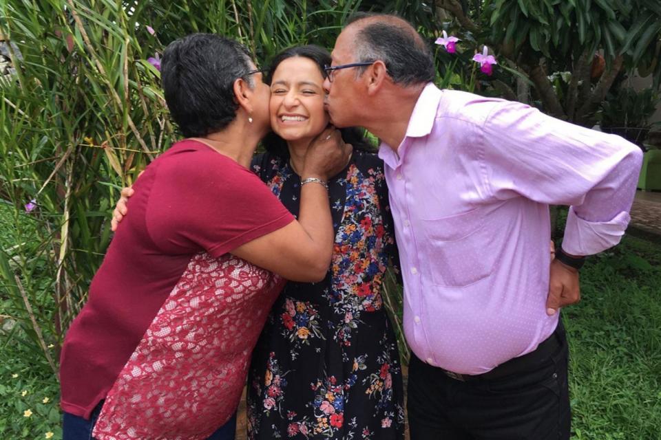 Pictured: Reunited after 27 years apart searcher Christina Barlow (centre), with her Birth Parents Mother Encarnacion and Father Alcibiades in Colombia (ITV / Wall to Wall Productions)