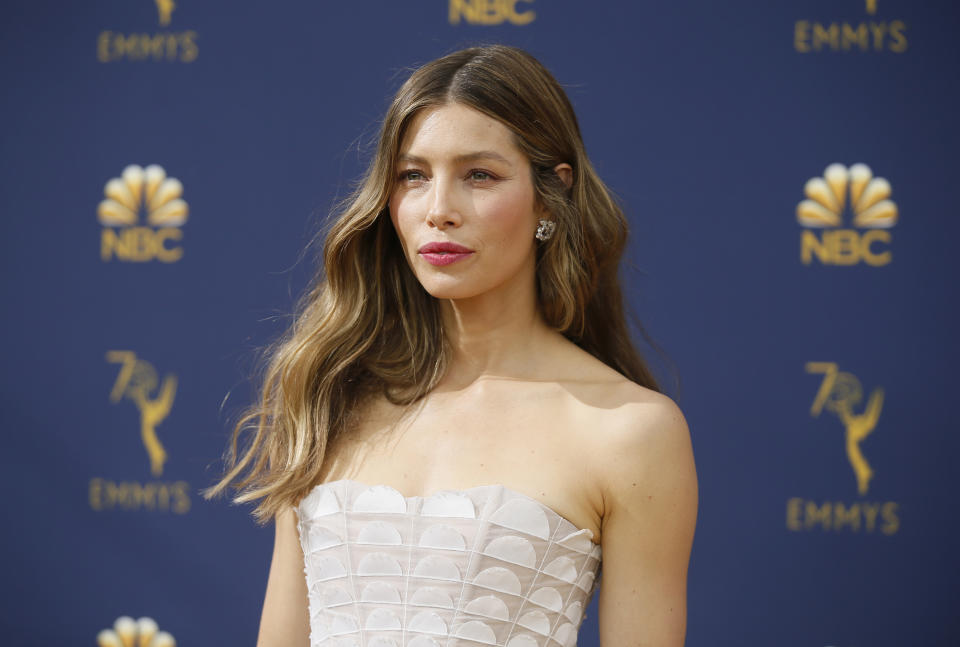 Jessica Biel arrives at the 70th Primetime Emmy Awards on Monday, Sept. 17, 2018, at the Microsoft Theater in Los Angeles. (Photo by Danny Moloshok/Invision for the Television Academy/AP Images)