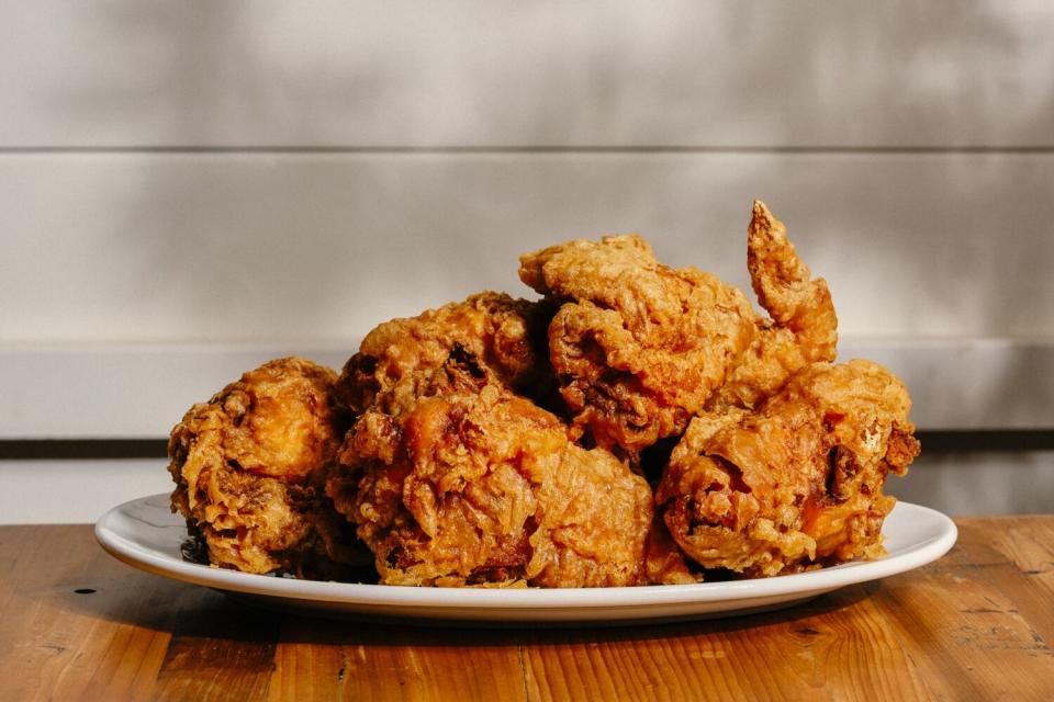 A family meal-sized plate of fried chicken