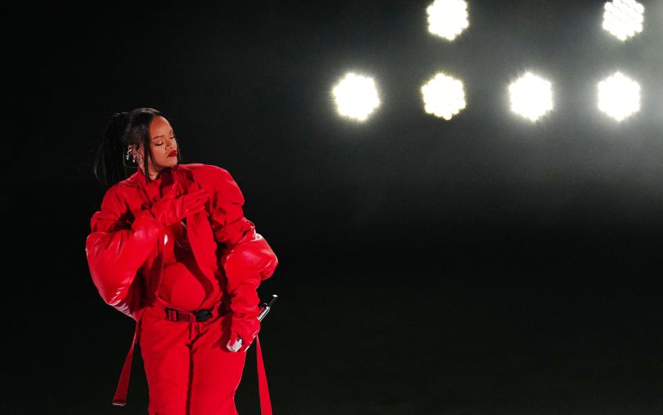 Recording artist Rihanna performs during halftime of Super Bowl 57 between the Kansas City Chiefs and Philadelphia Eagles at State Farm Stadium in Glendale, Ariz., on Feb. 12, 2023.