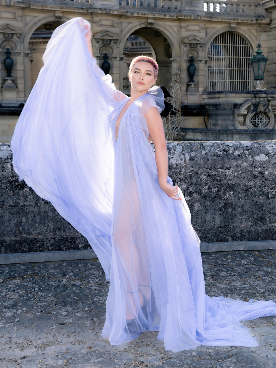 Florence Pugh at the Valentino Fall 2023 Couture Collection Runway Show at the Chateau de Chantilly on July 5, 2023 in Paris, France. (Photo by Francois Goize/WWD via Getty Images)