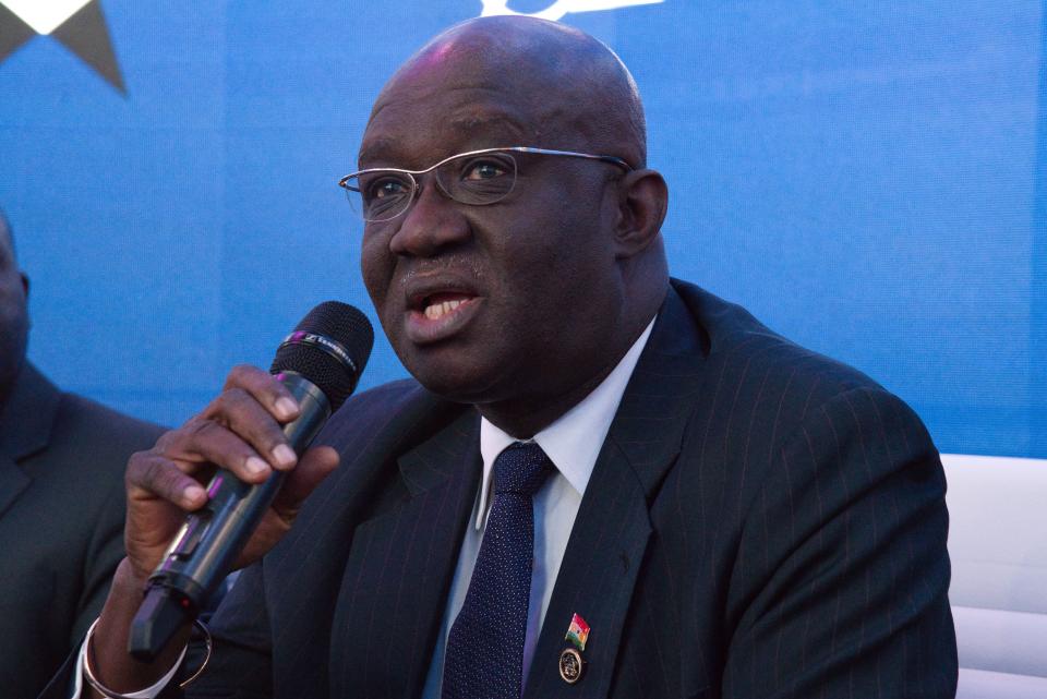 Ghana Aviation Minister Joseph Kofi Adda speaks at a news conference at the Dubai Airshow in Dubai, United Arab Emirates, Tuesday, Nov. 19, 2019. Ghana said Tuesday that it will launch a national airline early next year with three new Boeing long-haul, widebody 787-9 Dreamliners. (AP Photo/Jon Gambrell)