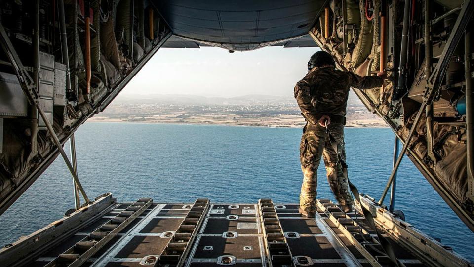 The view from the rear ramp of a U.K. Royal Air Force C-130J during a training sortie over the Mediterranean. <em>Crown Copyright</em>