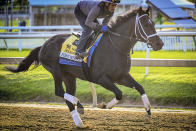 Preakness contender First Mission runs on the Pimlico track Tuesday morning, May 16, 2023, in Baltimore, in preparation for Saturday's Preakness Stakes horse race. (Jerry Jackson/The Baltimore Sun via AP)