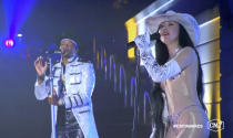 In this video image provided by CMT, Jimmie Allen, left, and Noah Cyrus perform "This Is Us" during the Country Music Television awards airing on Wednesday, Oct. 21, 2020. (CMT via AP)