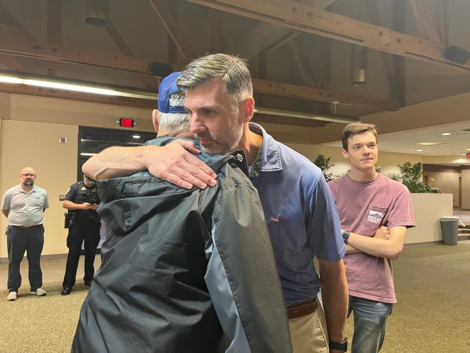 North Augusta City Councilman Kevin Toole, center, celebrates winning a second term with friends and family at North Augusta Community Center on Tuesday, April 25, 2023.