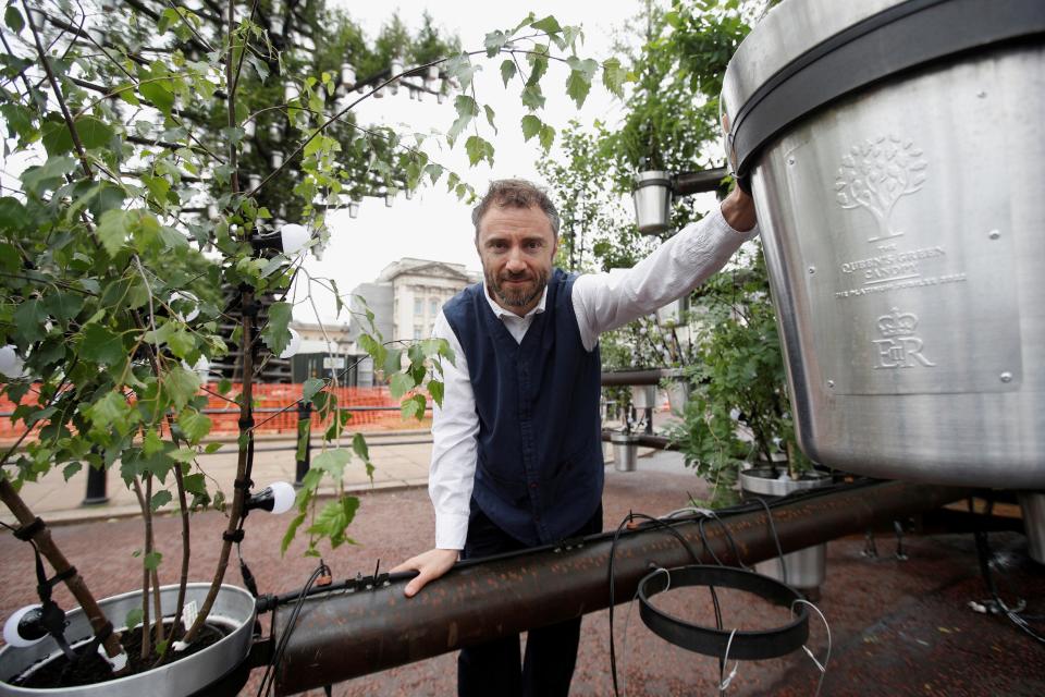 Thomas Heatherwick, designer of the Tree of Trees sculpture, part of the Queen's Green Canopy Project placed in front of Buckingham Palace, ahead of the Platinum Jubilee (AP)