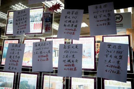 Discounted sale prices for residential flats at the luxury Mid-Levels district are displayed at a property agency in Hong Kong, China November 6, 2018. REUTERS/Bobby Yip