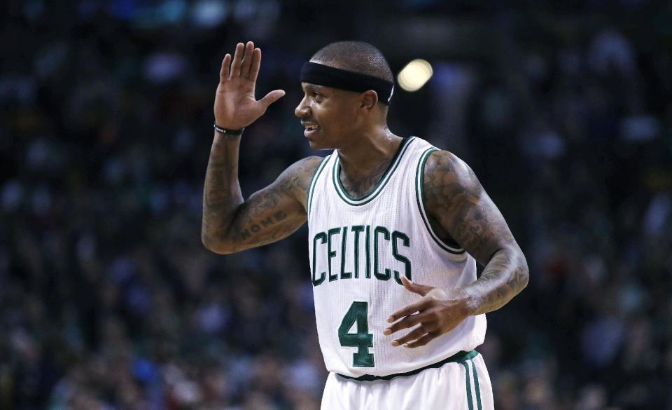 Boston Celtics guard Isaiah Thomas gestures during the second half of the team's NBA basketball game against the Toronto Raptors in Boston, Wednesday, Feb. 1, 2017. Thomas scored 44 points as the Celtics defeated the Raptors 109-104. (AP Photo/Charles Krupa)