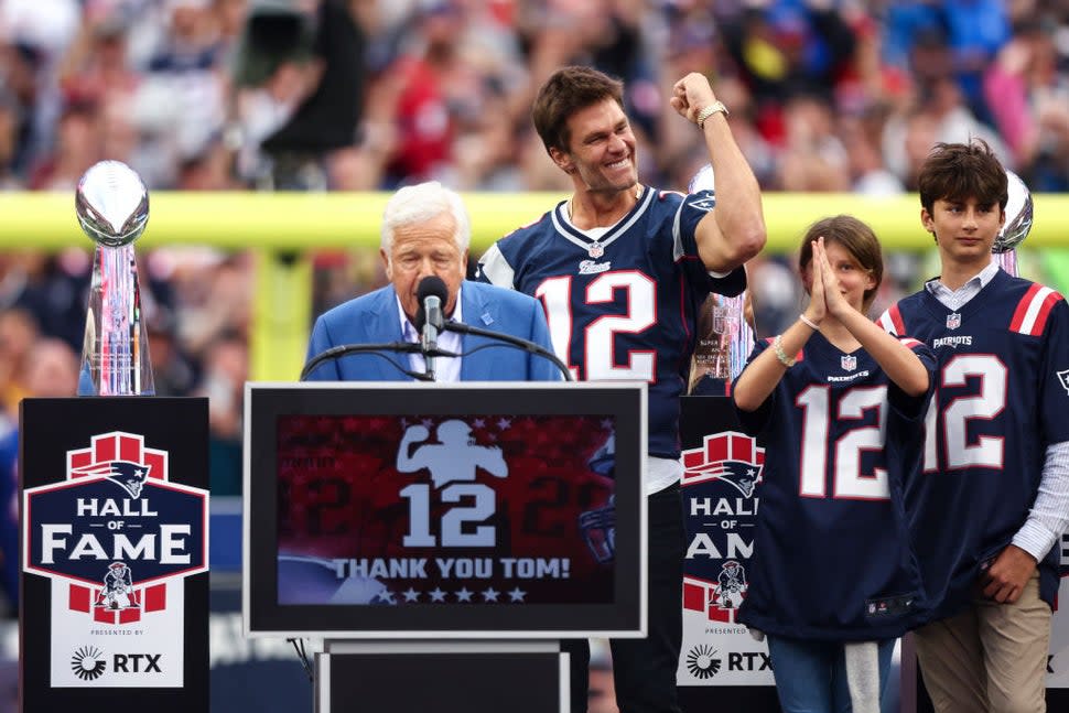 Former quarterback Tom Brady is honored by the New England Patriots at halftime of an NFL football game between the New England Patriots and the Philadelphia Eagles at Gillette Stadium on September 10, 2023 in Foxborough, Massachusetts. 