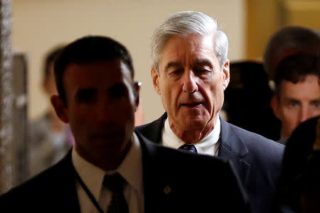 FILE PHOTO: Special Counsel Robert Mueller departs after briefing members of the U.S. Senate on his investigation into potential collusion between Russia and the Trump campaign on Capitol Hill in Washington, U.S., June 21, 2017. REUTERS/Joshua Roberts/File Photo