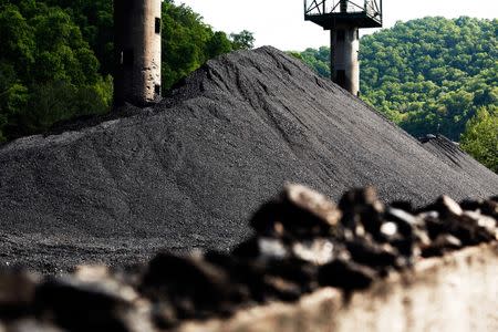 Coal waits to be among the last shipments to be loaded on train cars to depart the Hobet mine in Boone County, West Virginia, U.S. May 12, 2016. REUTERS/Jonathan Ernst