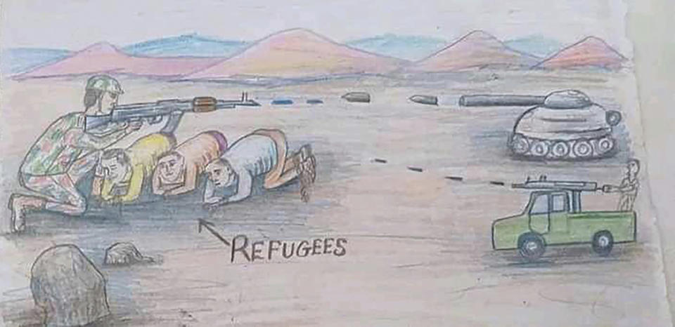 This drawing by a migrant artist nicknamed Aser, provided in 2019, depicts refugees in Libya who are trapped in the fighting between forces of military commander Khalifa Hifter and militias allied with the United Nations-supported government in Tripoli. Speaking to The Associated Press from the United Nation's refugee Gathering and Departure Facility, Aser, who asked that only his nickname be used for his safety, said that his only escape from misery is through art. (Aser via AP)