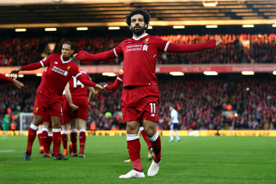 Mo Salah celebrates his early goal for Liverpool against Tottenham at Anfield. (Getty)