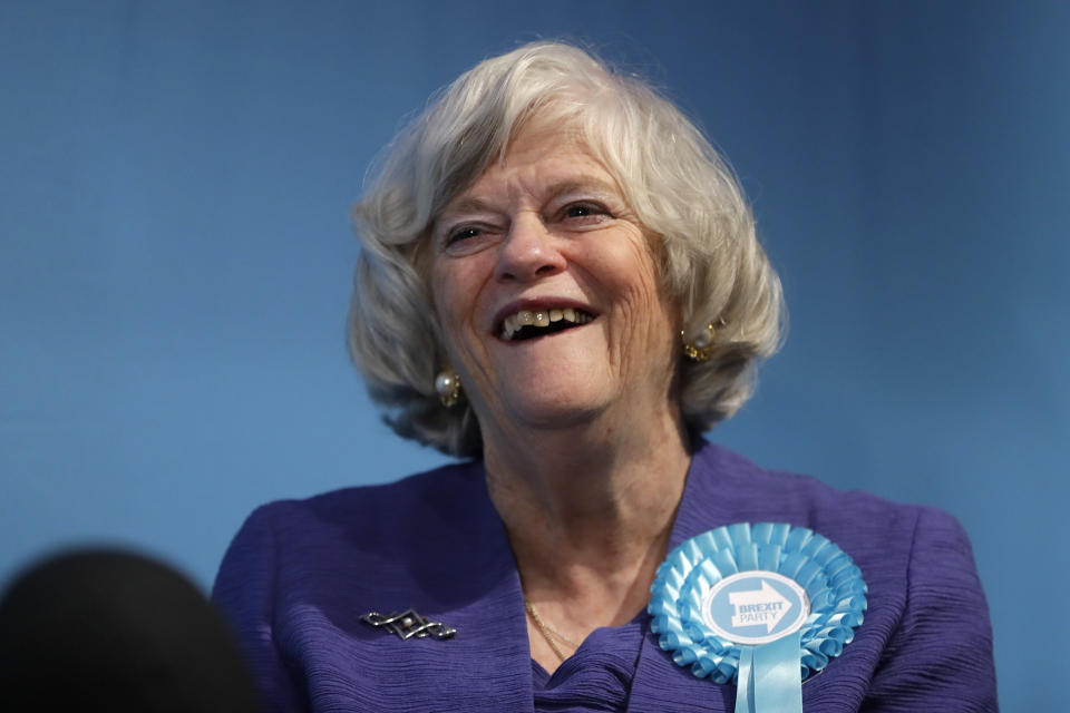 Ann Widdecombe, Brexit Party member, is interviewed after Nigel Farage, Leader of Britain's Brexit Party, spoke on stage at the launch of their policies for the General Election campaign, in London, Friday, Nov. 22, 2019. Britain goes to the polls on Dec. 12. (AP Photo/Kirsty Wigglesworth)