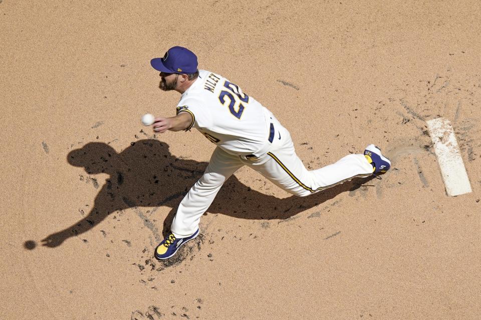 Milwaukee Brewers starting pitcher Wade Miley throws during the first inning of a baseball game against the Los Angeles Dodgers Wednesday, May 10, 2023, in Milwaukee. (AP Photo/Morry Gash)