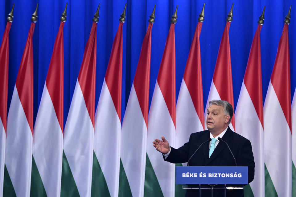 Hungarian Prime Minister Viktor Orban speaks during a yearly State of the Nation address in Budapest, Hungary, Saturday, Feb. 18, 2023. (AP Photo/Denes Erdos)