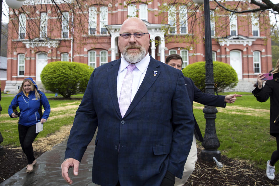 Republican candidate for Pennsylvania lieutenant governor Teddy Daniels departs from the Wayne County Court House in Honesdale, Pa. on Friday, May 6, 2022. Daniels appeared in court on accusations made by his wife that he had been persistently verbally abusive, stalking her at work and keeping her away from family.(Christopher Dolan/The Times-Tribune via AP)