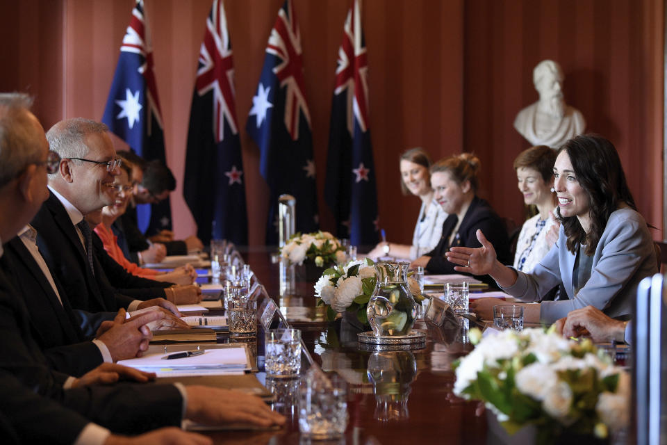 New Zealand Prime Minister Jacinda Ardern, right, speaks while meeting with Australian Prime Minister Scott Morrison, second from left, at Admiralty House in Sydney, Friday, Feb. 28, 2020. (Bianca De Marchi/Pool Photo via AP)