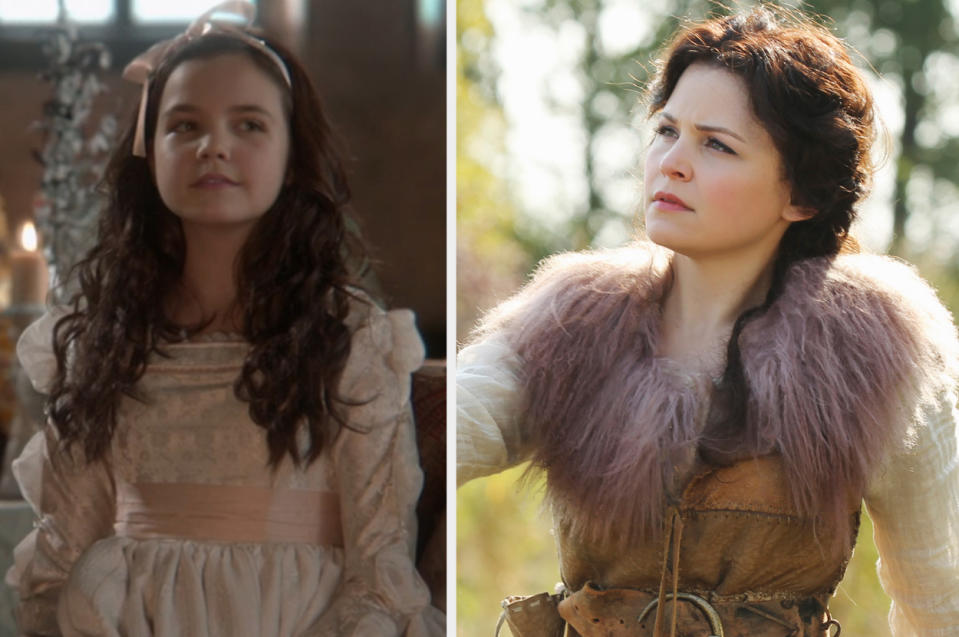 Bailee Madison as young snow in a dress and bow side by side ginnifer's character